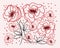 hand drawn illustration, contour red poppies, black stems with leaves on a blurred pink background