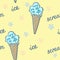 Hand drawn illustration of crazy funny creepy zombie cartoon cone waffle blue ice cream with blue and peach pink stars and letteri