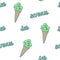 Hand drawn illustration of crazy funny creepy zombie cartoon cone waffle green dripping ice cream and lettering