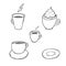 Hand drawn illustration cups with coffee and tea on white background.