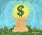 Hand drawn illustration with dollar sign standing on a pedestal. A symbol of the superiority of currency, money, material wealth.