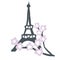 Hand drawn illustration with eiffel tower cherry blossom flowers on blue background. Paris french france parisian city