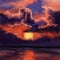 Hand drawn illustration of evening sky sunset, sea ocean water surface orange colors, shiny shimmer reflection, sunrise