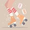 Hand drawn illustration with female legs and tube socks and retro roller skates. Colorful vector