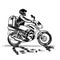 Hand drawn illustration of food delivery courier on motorcycle. Black line monochrome design in ink inking shape