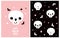 Hand Drawn Illustration with Funny White Skull and Black Flying Bats Isolated on a Pink Background.