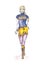 Hand drawn illustration of a girl in blue and yellow clothing. Model. Autotraced.