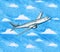 Hand drawn illustration of gray airplane in flight and sky with