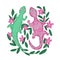 Hand drawn illustration of green and pink rose gecko lizard, colorful bright amphibian animal in folk ethnic style with