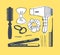 Hand drawn illustration hair tools . Creative ink art work. Actual vector drawing comb. hair dryer, barrette