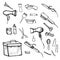 Hand drawn illustration - Hairdressing tools (scissors, combs, styling)