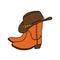 Hand drawn illustration of orange cowboy cowgirl boots brown hat in western southwestern style. Black line drawing of