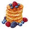 Hand drawn illustration of pancakes with blueberries, , raspberry and maple syrup.
