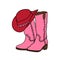 Hand drawn illustration of pink cowboy cowgirl boots red hat in western southwestern style. Black line drawing of ranch