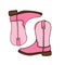 Hand drawn illustration of pink cowboy cowgirl boots in western southwestern style. Black line drawing of ranch