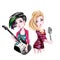 Hand drawn illustration - Popstars - Cartoon character girls - Guitairs and singer