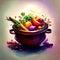 Hand drawn illustration of a pot full of vegetables on a dark background Generative AI