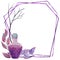 Hand drawn illustration of potion flask Halloween mystic magic frame with purple leaves black branches crystals