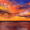 Hand drawn illustration of sea ocean water surface orange sunset, shiny shimmer reflection, sunrise sunset cold blue