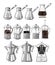 Hand drawn illustration set of coffee preparation. Pour over brewer coffee kettle french press moka pot and cezve.