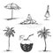 Hand drawn illustration set of palm and coconut, umbrella, stones. sketch. Vector eps 8