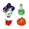 Hand drawn illustration set of witch unicorn, red heart pierced with pins, bottle with potion and jack o lantern pumpkin. Clipart