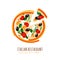 Hand drawn illustration of sliced italian pizza with tomato, mushrooms, olives, basil, and mozzarella.