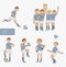 Hand drawn illustration with soccer players, isolated on white background. Football stuff, happy winning team, training boy