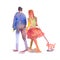 Hand drawn illustration: stylized people. Watercolor sketches. Man and woman with dog on leash