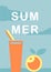 Hand-drawn illustration summer blue clouds background with fresh drink and orange.