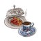 Hand drawn illustration of a traditional turkish dessert lokum and a cup of coffee with oriental floral ottoman tulips