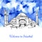 Hand drawn illustration with turkish landmark and blue texture