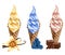 Hand drawn illustration of vanilla, chocolate and blueberry ice creams in a waffle cone together with berries and