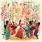 Hand-drawn illustration of vibrant Bamboo dance featuring traditional Filipino Angklung