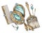 Hand drawn illustration of vintage jeweled golden hairbrush, antique mirror, comb decorated with aquamarine stones