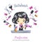 Hand drawn illustration. Watercolor card young girl with hairdryer and comb. Profession Hairdresser. Can be printed on T