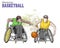 Hand drawn illustration. Wheelchair Basketball. Vector sketch sport. Graphic figure of disabled athletes with a ball