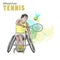 Hand drawn illustration. Wheelchair Tennis athlete. Vector sketch sport. Graphic figure of disabled girl with a racket