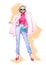 Hand drawn illustration of a woman in a fashion pink jacket, sunglasses, blue glitter bag and pink heels