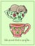 Hand-drawn illustrations. Bright teacups. Postcard cute funny fell asleep in a cup.