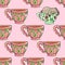 Hand-drawn illustrations. Bright teacups. Postcard cute funny fell asleep in a cup. Seamless pattern.
