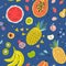 Hand drawn illustrations of fruit in bright colors and modern handrawn sketch style. Neon  seamless pattern.