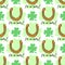 Hand-drawn illustrations. Happy day with a horseshoe and clover. Seamless pattern.