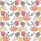 Hand-drawn illustrations. Image with seashells, coral and marine inhabitants on the white background. Seamless pattern.