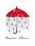 Hand-drawn illustrations. Rain under a red umbrella. Postcard Rain Man.