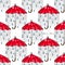Hand-drawn illustrations. Rain under a red umbrella. Postcard Rain Man. Seamless pattern.