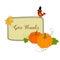 Hand drawn illustratration orange pumpkins, maple leaves, frame with lettering text give thanks, cute bird in pilgrim hat