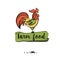 Hand drawn image with color rooster. Concept design for eco farm food