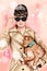 Hand drawn image - Girl wearing elegant outfit, black sunglasses and holding a cat