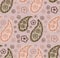 Hand Drawn Indiennne Buta Motif Vector Seamless Pattern. Ornate Arabesque Paisely Foulard Design on Muted Pink Background. Painted